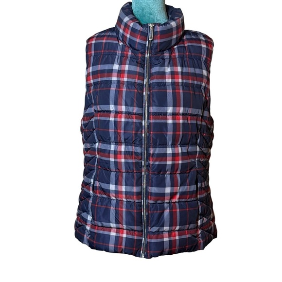 Tommy Hilfiger Plaid Puffer Vest Navy Red Check XL - Picture 2 of 13